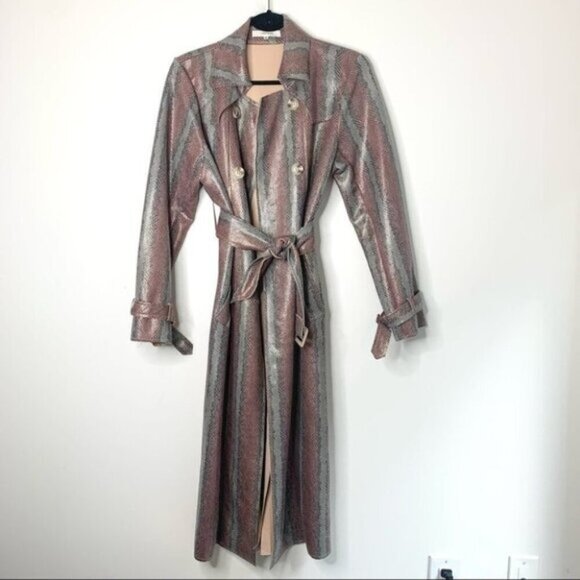 Laffaire Snakeskin Print Long Trench Coat Double Breasted  Button Belted Medium - Picture 5 of 12